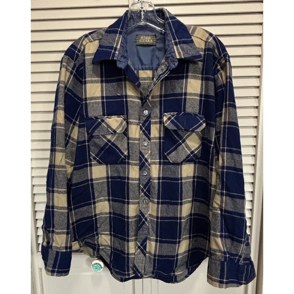 Vintage High Sierra Flannel Button Up Plaid‎ Blue/Tan Size Medium Pockets